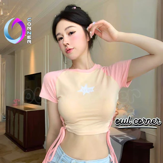 Áo Croptop Ôm Body Tay Ngắn Cổ Tròn ECNO ĐAN DÂY EO Đẹp Sexy Nữ, Áo Thun Chất Borip Kiểu Raglan In Họa Tiết OWL CORNER