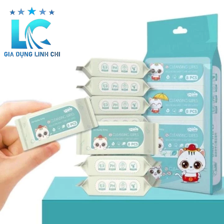 Giấy ướt 1 gói gồm có 8 gói khăn giấy ướt mini tiện dụng đi chơi đi làm bỏ túi - Khăn giấy đa năng