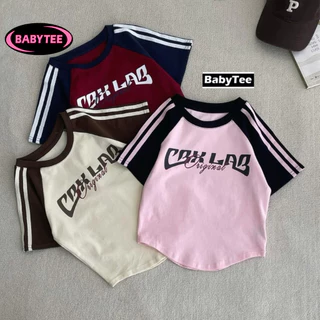 Áo Croptop ôm body nữ CBX LAB tay ngắn cổ tròn vạt bầu BABY TEE, Áo thun crt Raglan phối sọc kiểu sexy in chất borip