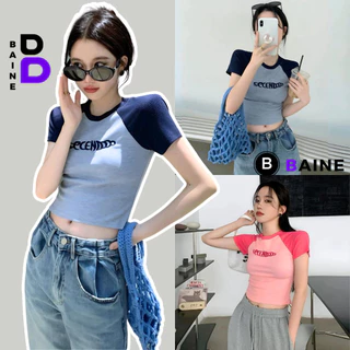 Áo Croptop Ôm Body Tay Ngắn Cổ Tròn SECEN DOOO Đẹp Sexy Nữ, Áo Thun Chất Borip Kiểu Raglan In Họa Tiết  BAINE