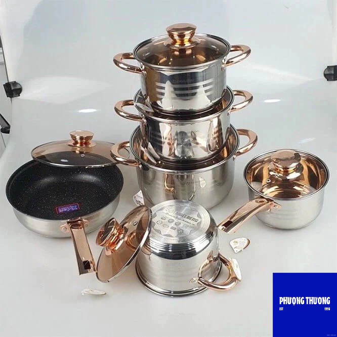 Bộ Nồi Đức Inox 6 Món 12 Chi Tiết || 4 Nồi Inox Kèm 1 Chảo & 1 Nồi Quấy Bột || Dày Dặn Sang Trọng