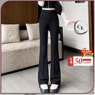 Quần ống loe nữ Choosee lưng cạp cao 2 cúc baggy vải đẹp kiểu dài suông loe rộng culottes màu đen CHS212