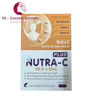 Viên Uống Nutra - C Plus Bổ Sung Vitamin C, Kẽm Hỗ Trợ Tăng Cường Đề Kháng Giảm Tình Trạng Mệt Mỏi, Suy Nhược - Hộp 30v