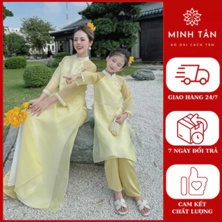 Set áo dài mẹ và bé 2024 (Mới) - vải tơ organza, họa tiết đính kết cao cấp - màu vàng - áo dài Minh Tân - MT33