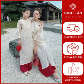 Set áo dài mẹ và bé 2024 (Mới) - vải tơ, họa tiết thêu cao cấp - màu trắng- Áo dài Minh Tân - MT35