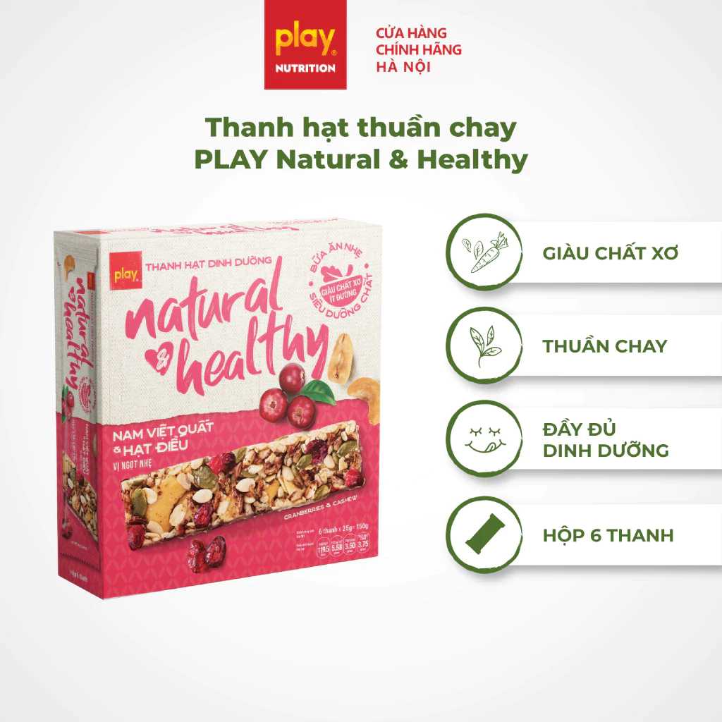 Hộp 6 thanh hạt thuần chay PLAY Natural & Healthy - Bánh hạt dinh dưỡng, Thanh hạt dinh dưỡng