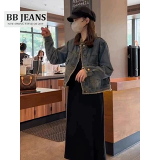 Áo khoác jean nữ xám tua rua form vừa dễ bận dài áo tầm 52cm size 40-60kg BB Jeans