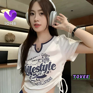 Áo Croptop Nữ LIFE STYLE CỔ XẺ V in họa tiết cổ tròn Rút 2 Bên form ôm body, Áo thun crt kiểu sexy thun borip đẹp TOVEE