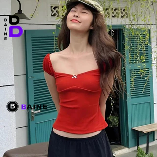 Áo Croptop Nữ CỔ VUÔNG DÂY RÚT Tay Ngắn Chất Thun Gân Kiểu Sexy Nữ, Áo Thun Trễ Vai Ôm Body Tôn Dáng BAINE