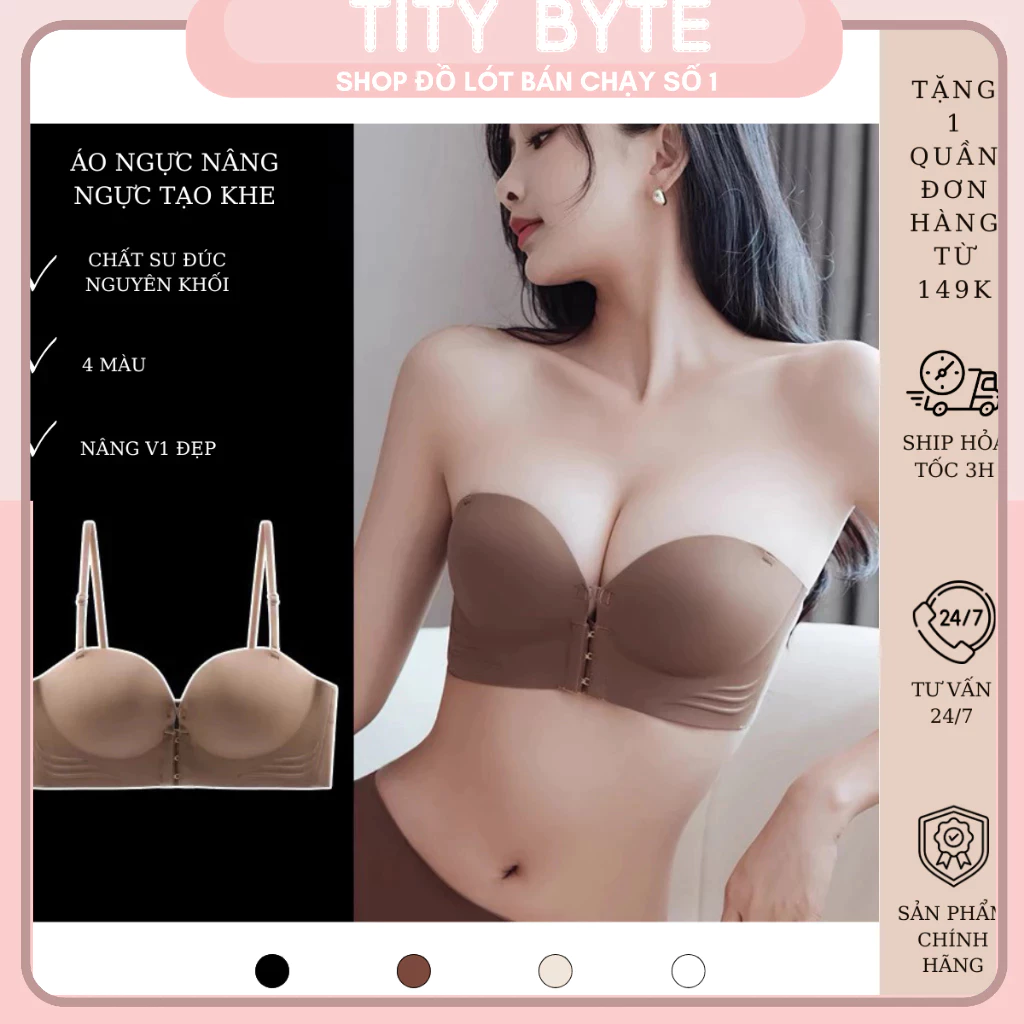 Áo Ngực Nâng Ngực Cài Trước Chất Su Đúc Đệm Dày 5cm Tạo Khe Nâng V1 Tròn Đẹp Áo Ngực Không Dây Nâng  EverSoft 946