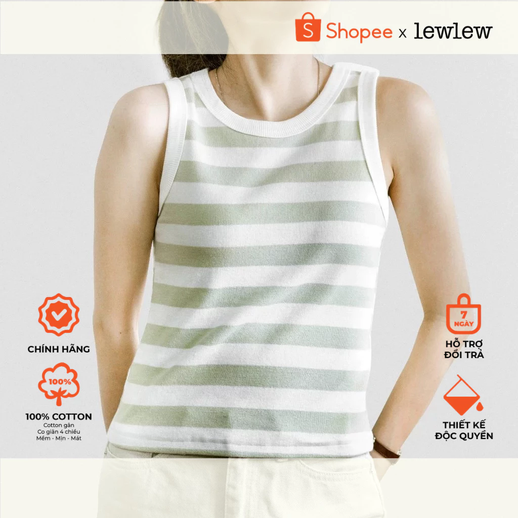 Áo ba lỗ nữ, áo thun sọc cotton TANK TOP kẻ Xanh ngọc mềm mịn - Lew Lew