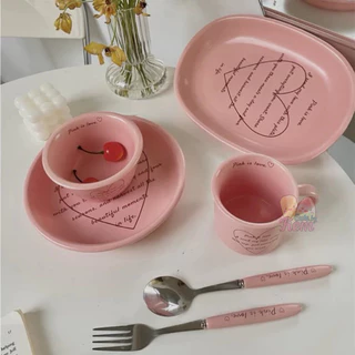 Đĩa sứ, chén sứ, hồng, phong cách Hàn Quốc, nhám, in chữ pink is love