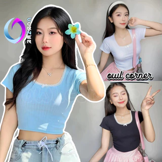 Áo Croptop Tay Ngắn CỔ VUÔNG REN NƠ Ôm Body Nữ, Áo Thun Crt Kiểu Sexy Chất Gân Họa Tiết Đẹp OWL CORNER