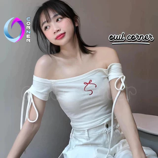 Áo Croptop Ôm Body TRỄ VAI NƠ ĐỎ Tay Ngắn Có Dây Buộc Nơ Sexy Nữ, Áo Thun Chất Borip Thêu Họa Tiết OWL CORNER