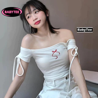 Áo Croptop TRỄ VAI NƠ ĐỎ tay ngắn Có Dây Buộc Nơ Nữ BABY TEE, Áo thun crt kiểu sexy Thêu chất borip nhiều màu