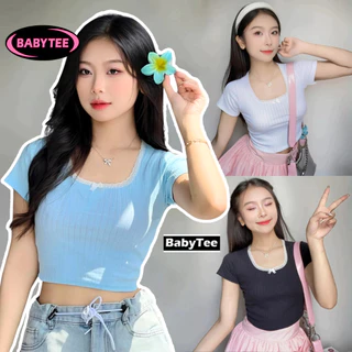 Áo Croptop Tay Ngắn CỔ VUÔNG REN NƠ BABY TEE, Áo thun crt kiểu sexy trơn chất gân họa tiết đẹp