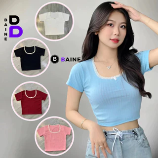 Áo Croptop Tay Ngắn CỔ VUÔNG REN NƠ Ôm Body Nữ, Áo Thun Crt Kiểu Sexy Chất Gân Họa Tiết Đẹp BAINE