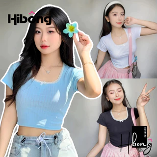 Áo Croptop TAY NGẮN CỔ VUÔNG REN NƠ Chất Thun Gân họa tiết Kiểu Sexy Nữ, Áo Thun Ôm Body Đẹp Tôn Dáng - HIBONG