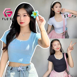 Áo Croptop Tay Ngắn CỔ VUÔNG REN NƠ Kiểu Sexy Nữ, Áo Ôm Body Đẹp Tôn Dáng Flo'ra