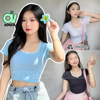 Áo Croptop Tay Ngắn CỔ VUÔNG REN NƠ Kiểu Sexy Nữ, Áo Ôm Body Đẹp Tôn Dáng IOWA