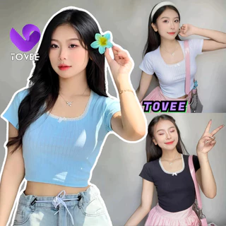 Áo Croptop TN CỔ VUÔNG REN NƠ form ôm body, Áo thun sexy chất thun gân họa tiết đẹp TOVEE