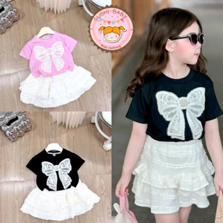 (11-32kg) Set áo thun cotton đắp nơ ren đính ngọc phối chân váy ren nhiều tầng cho bé gái