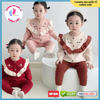 Bộ quần áo bé gái ,bộ quần áo len dệt kim thêu hoa xinh xắn cho bé gái từ 5,5-13kg trong mùa Thu Đông PH-7005