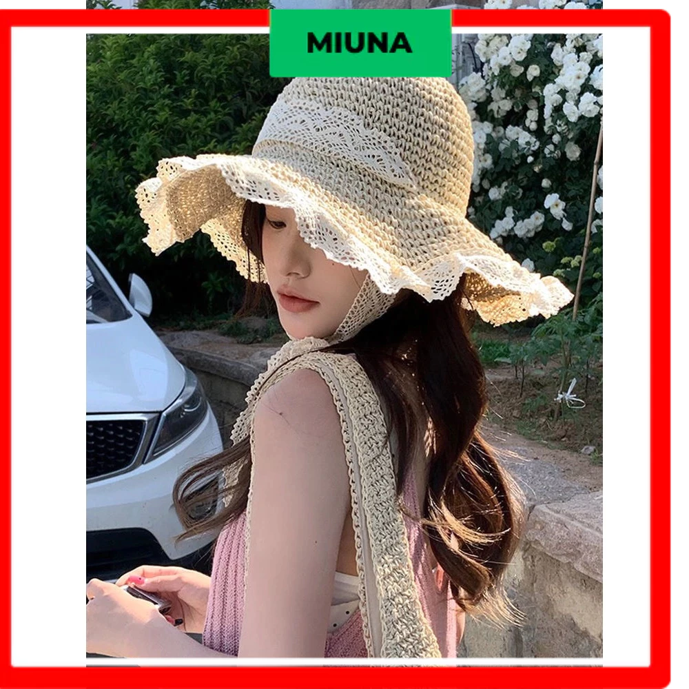 Mũ cói đi biển Miuna vành ren, Mũ cói chống nắng ngọt ngào