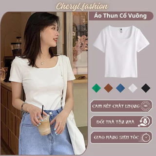 Áo thun nữ cổ vuông tay ngắn vải cotton dày đẹp cao cấp,áo phông nữ basic ELY ôm body- CHR221