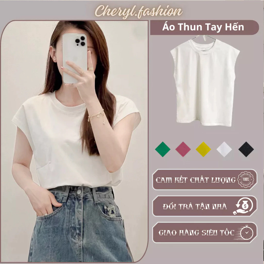 Áo thun nữ  tay hến sát nách cổ tròn  cotton phong cách hàn quốc from rộng áo phông trơn basic CHR210.