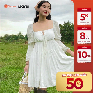 Đầm Maybi babydoll linen trắng cup vuông phối dây nơ