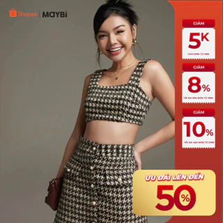 Áo croptop Maybi ôm tweed cổ vuông