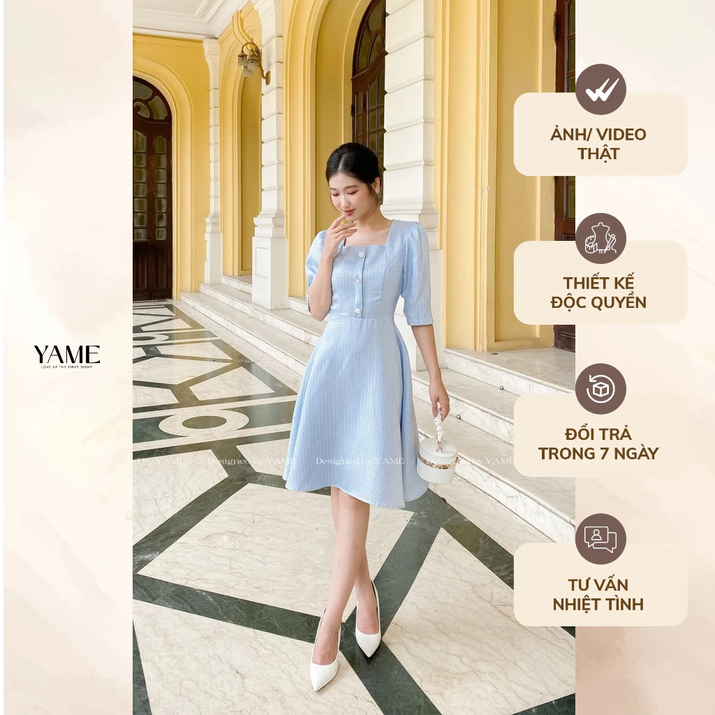 Váy dạ cổ vuông tay bồng YV42 Lilia Xanh Lacotes Dress