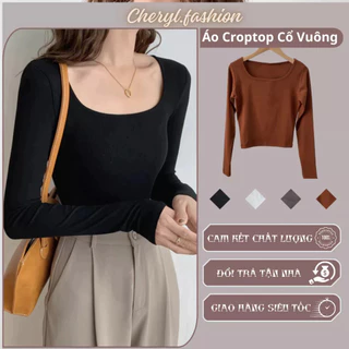 Áo croptop tay dài cổ vuông thun trơn ôm body crotop nữ vải cotton borip màu trắng đen co giãn tốt CR204