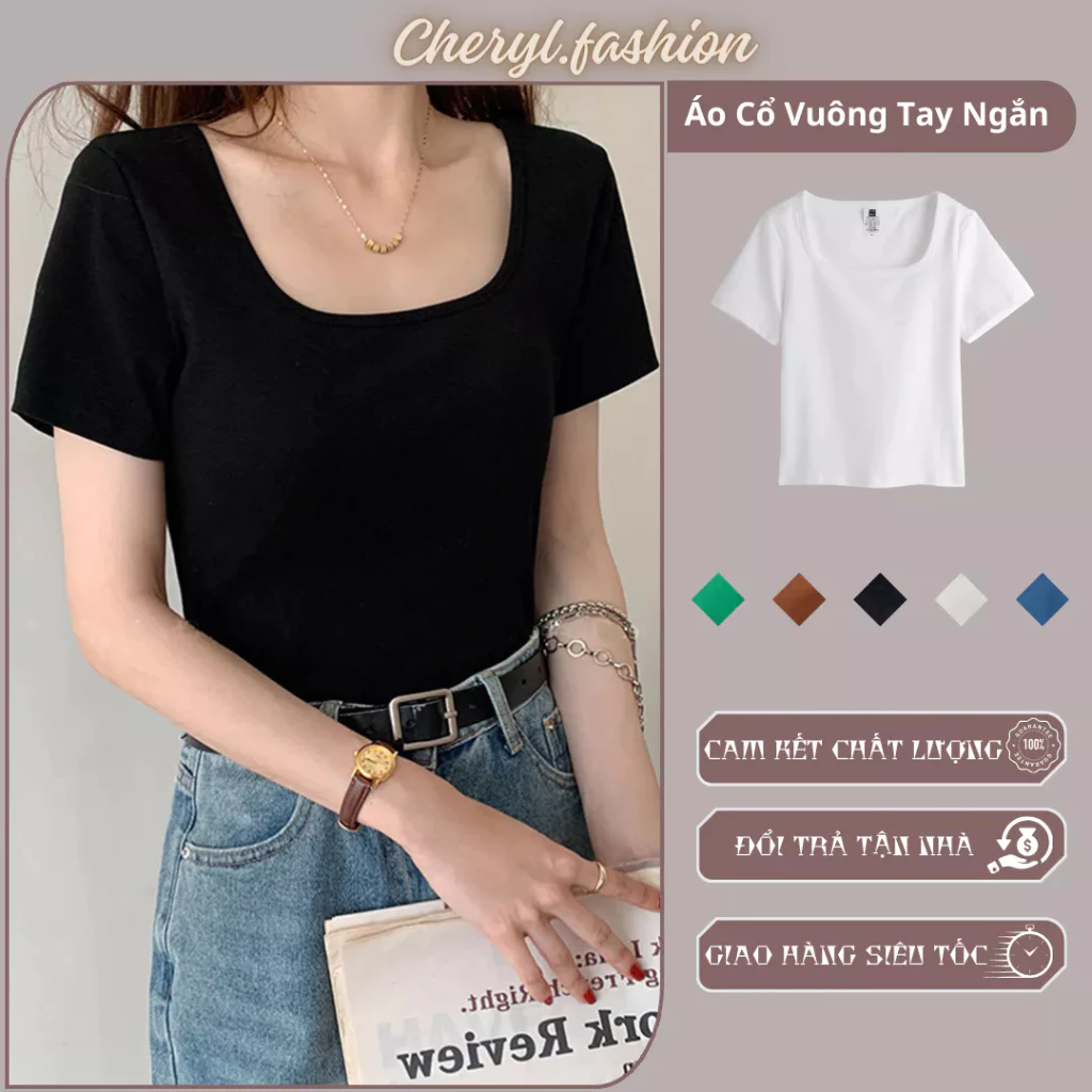 Áo thun nữ cổ vuông tay ngắn CHERYL form đẹp áo phông trơn cộc tay co giãn tốt màu đen trắng thời trang basic CHR221