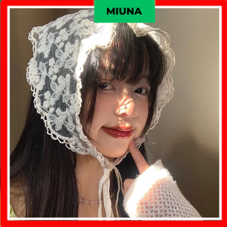 Khăn turban Miuna họa tiết ren hoa, Khăn tam giác đội đầu tiểu thư dễ thương PK10