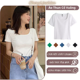 Áo thun nữ cổ vuông tay ngắn vải cotton dày đẹp cao cấp,áo phông nữ basic ELY ôm body- CHR221