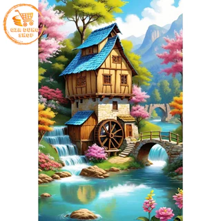 Tranh Đính Đá 5D Tự Hoàn Thành - Tranh Đính Đá Phong Cảnh Kích Thước 40x30cm - DIY - Nhà Bên Suối