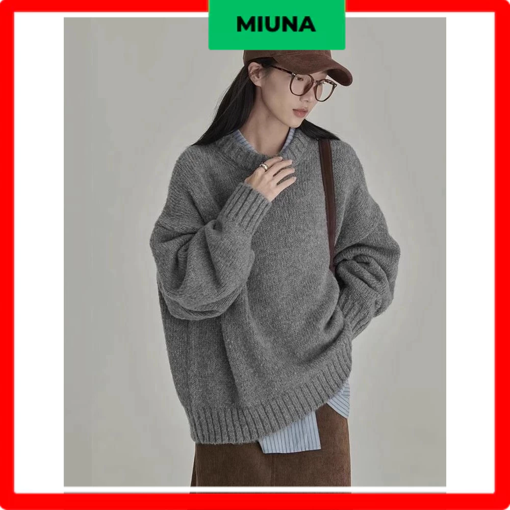 [CÓ FREESHIP] Áo len basic Miuna form rộng cổ tròn, Áo len trơn Hàn Quốc ngọt ngào AL07