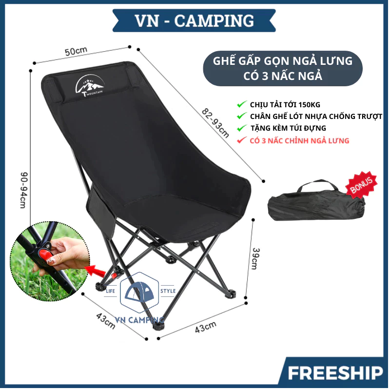 Ghế Gấp Gọn Camping Tmountain, Ghế Xếp Dã Ngoại Du Lịch Ngoài Trời Chịu Tải 150kg Bền Bỉ, Gọn Nhẹ