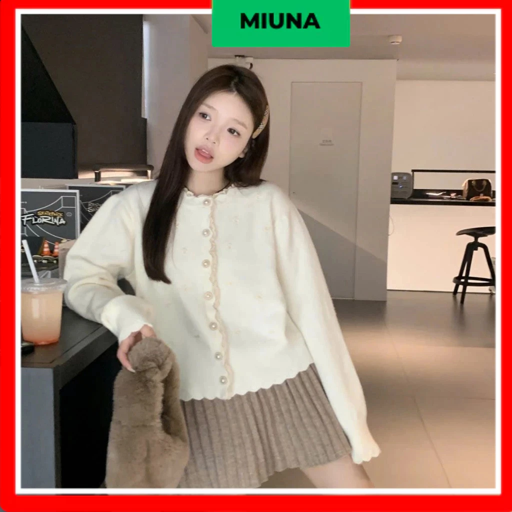 Áo cardigan thêu lá Miuna cúc ngọc viền ren, Áo khoác len hai màu tiểu thư đi tiệc_ CA02