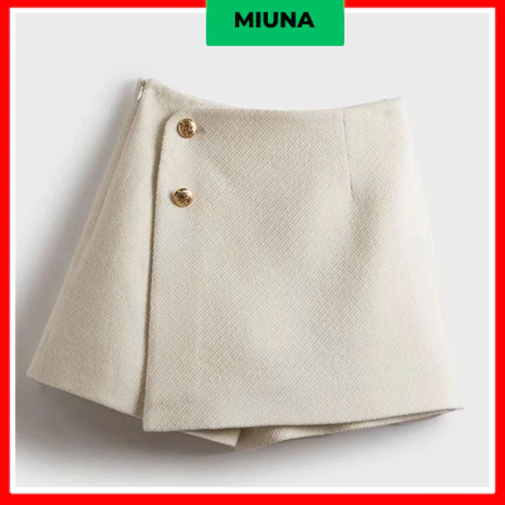 [C10] Quần short giả váy dáng chữ A Miuna dịp hàng ngày, Quần đùi ngắn basic xẻ tà cúc đồng mềm mại