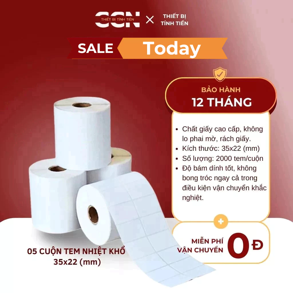 05 Cuộn in tem nhãn sản phẩm - Decal nhiệt 2 hàng tem khổ 35x22 - In mã vạch sản phẩm sắc nét và bền màu