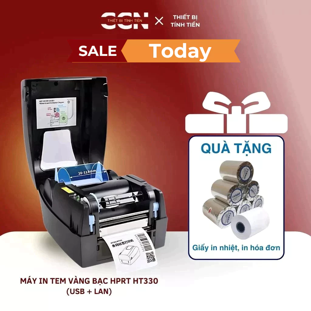 Máy in tem HT330 300dpi, in tem vàng bạc 15x10mm, 20x10mm (USB + LAN)