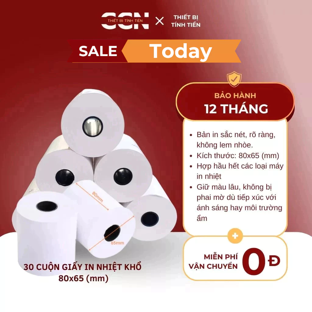 30 cuộn giấy in nhiệt khổ K80*65 - Dùng cho máy in hóa đơn - In sắc nét, bền màu