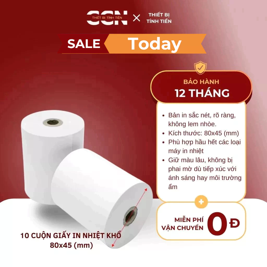 10 cuộn giấy in hoá đơn nhiệt khổ K80*45 - Dùng cho máy in hóa đơn - In sắc nét, bền màu