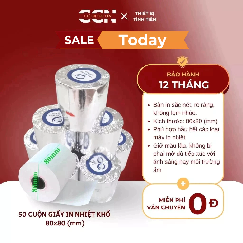 50 cuộn giấy in nhiệt khổ K80*80 - Dùng cho máy in hóa đơn - In sắc nét, bền màu