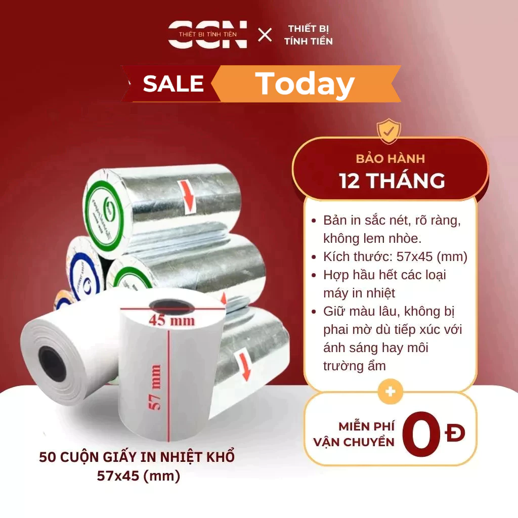 50 cuộn giấy in hóa đơn nhiệt khổ k57x45 - Giấy in điện nước, in hóa đơn mini, in bill máy in cầm tay - in rõ sắc nét