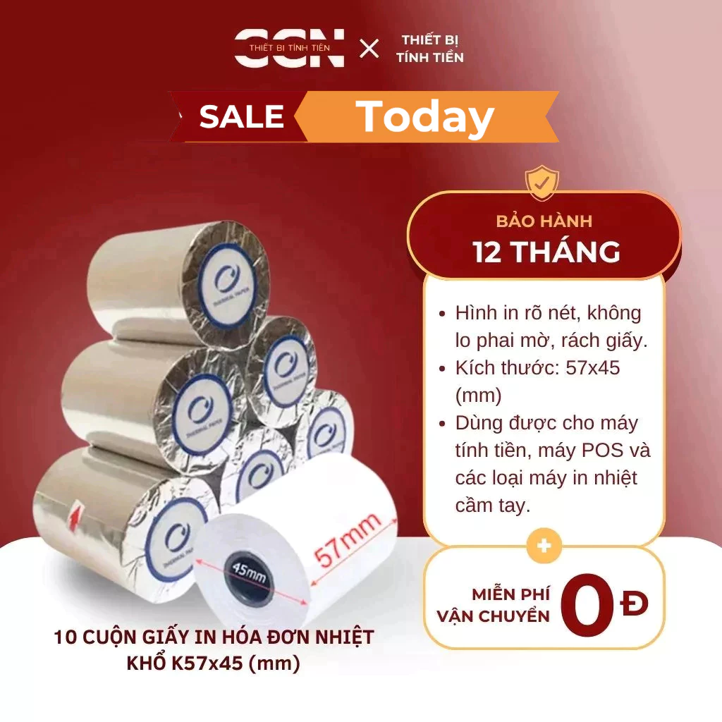 10 cuộn giấy in hóa đơn nhiệt khổ k57x45 - Giấy in điện nước, in hóa đơn mini, in bill máy in cầm tay - in rõ sắc nét