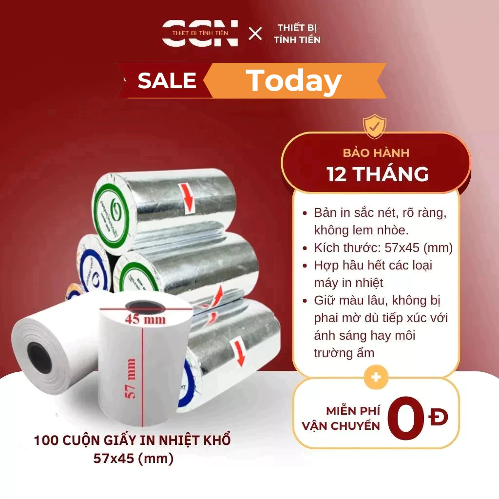 100 cuộn giấy in hóa đơn nhiệt khổ k57x45 - Giấy in điện nước, in hóa đơn mini, in bill máy in cầm tay - in rõ sắc nét